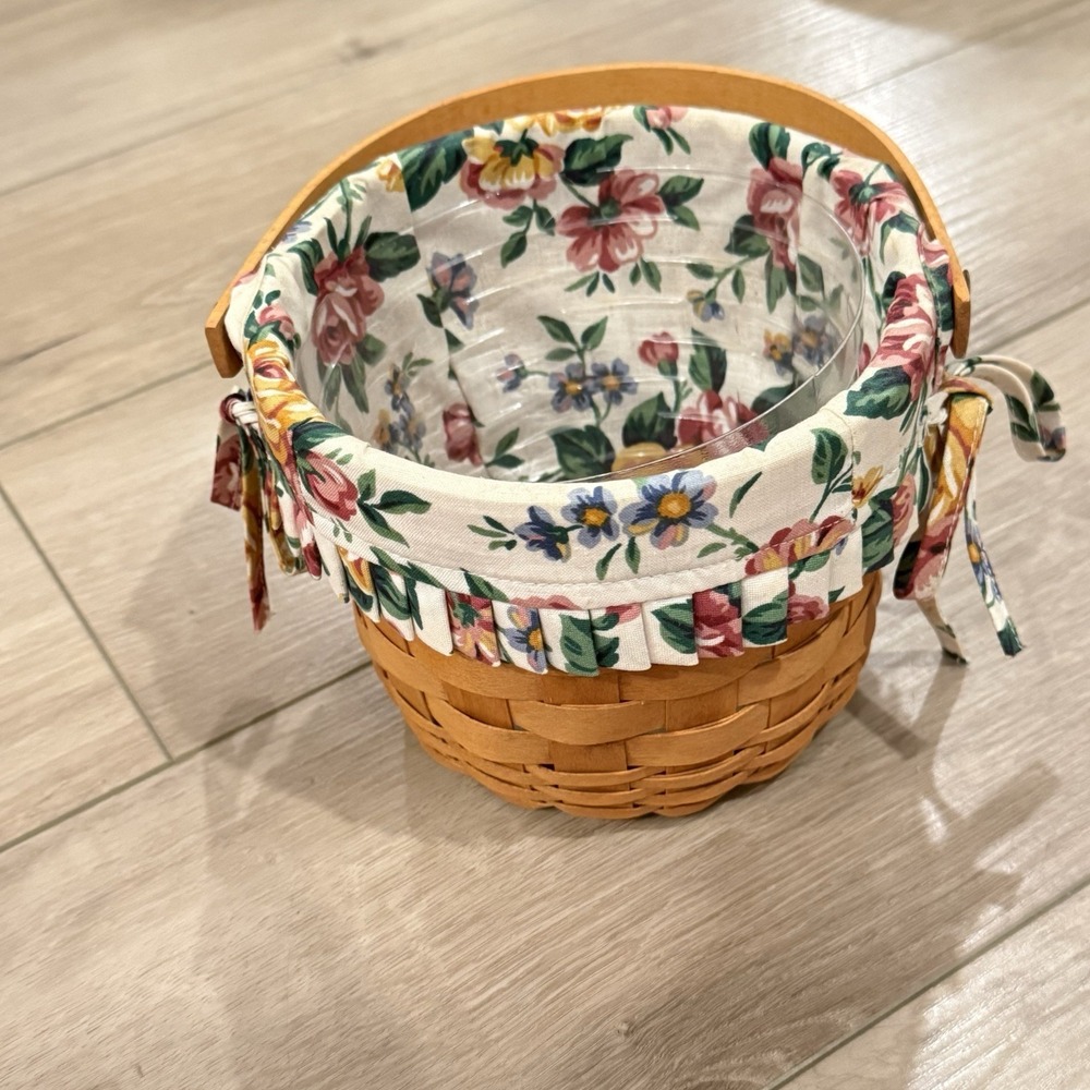 Longaberger Small Handwoven Basket 1998 Floral Liner Acrylic Protector Round